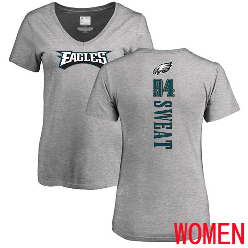 Women Philadelphia Eagles #94 Josh Sweat Ash Backer V-Neck NFL T Shirt->nfl t-shirts->Sports Accessory